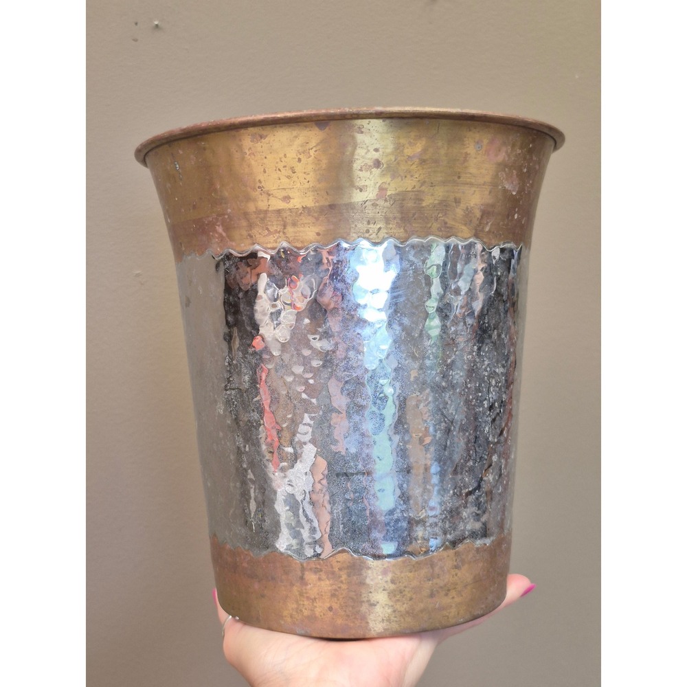 Hammered Metal Waste Basket Brass Silver Tone Mixed Metal India Boho Home Decor
